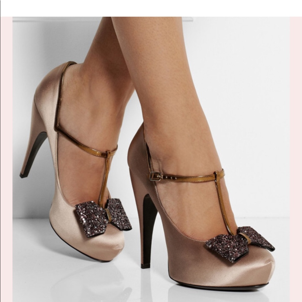 New Lanvin glitter bow satin t-bar pumps size 38